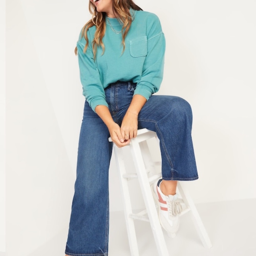Wide leg high rise medium wash jeans